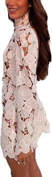 cffvdiz Women's Summer Sexy Floral Crochet Openwork Dress Long Sleeve Stand Collar Vacation Short... | Amazon (US)