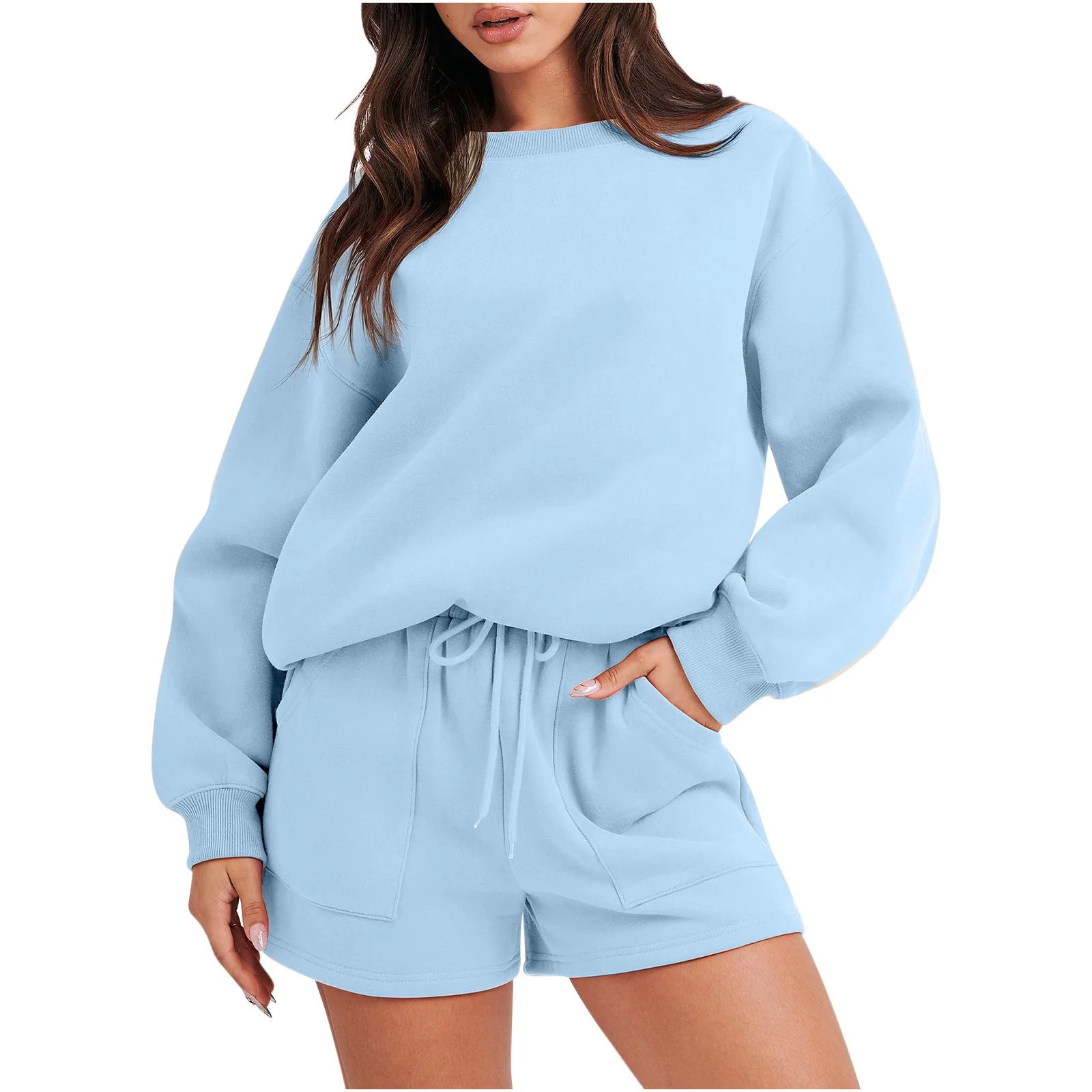 Sweatsuits Shorts Set for Women Teen Girls 2 Piece Sports Workout Outfits Crewneck Sweatshirt and... | Walmart (US)