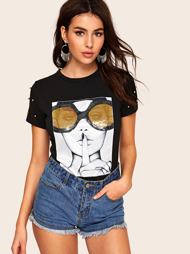 Contrast Sequin Figure Graphic Tee | SHEIN