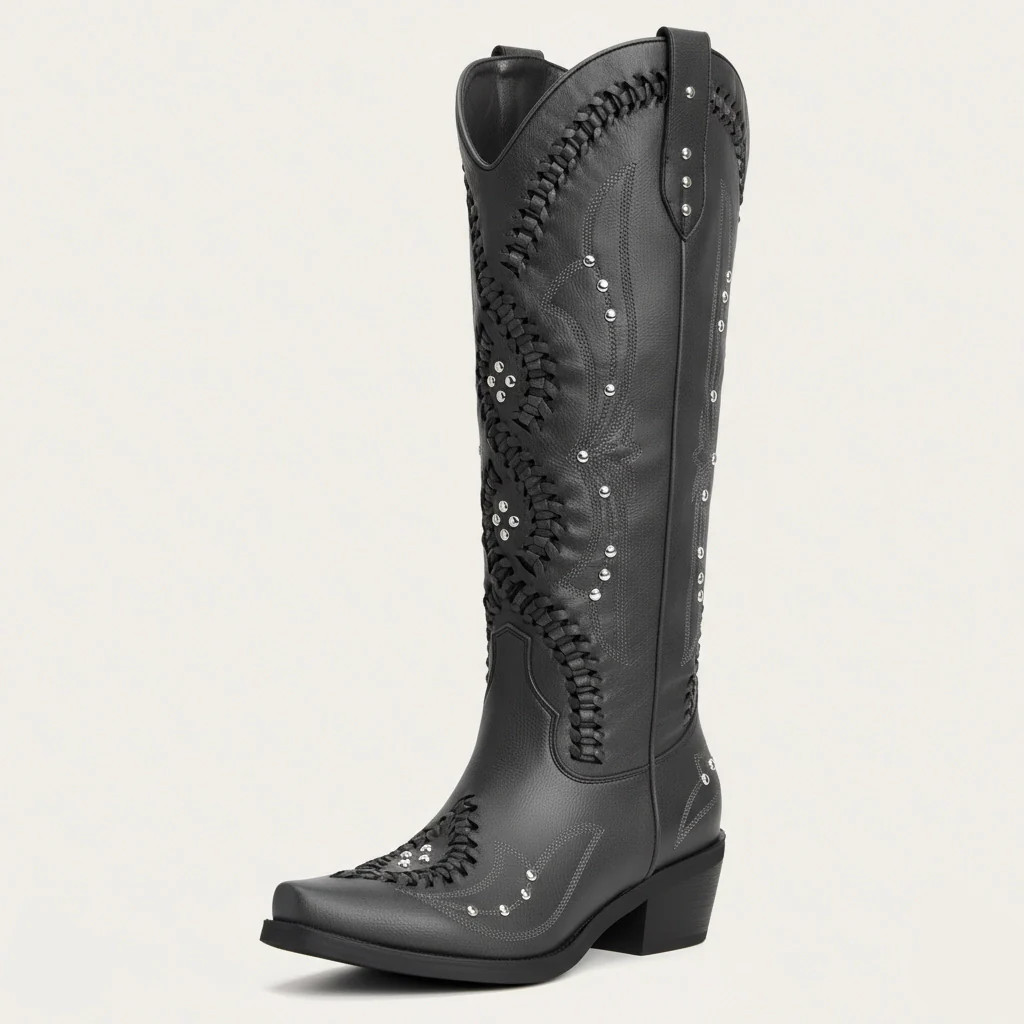 The Kitty - Black Snip Toe Rhinestone Cowgirl Boots with Cutout Woven | REDTOP