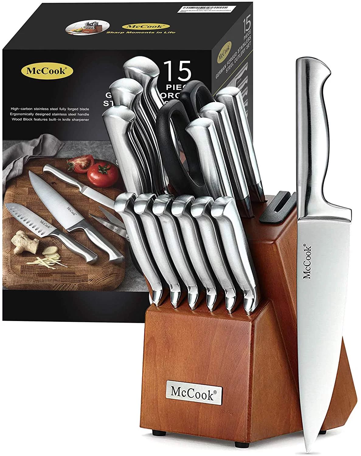 McCook MC29 15-Piece Kitchen Cutlery Knife Block Set Built-in Sharpener Stainless Steel | Walmart (US)