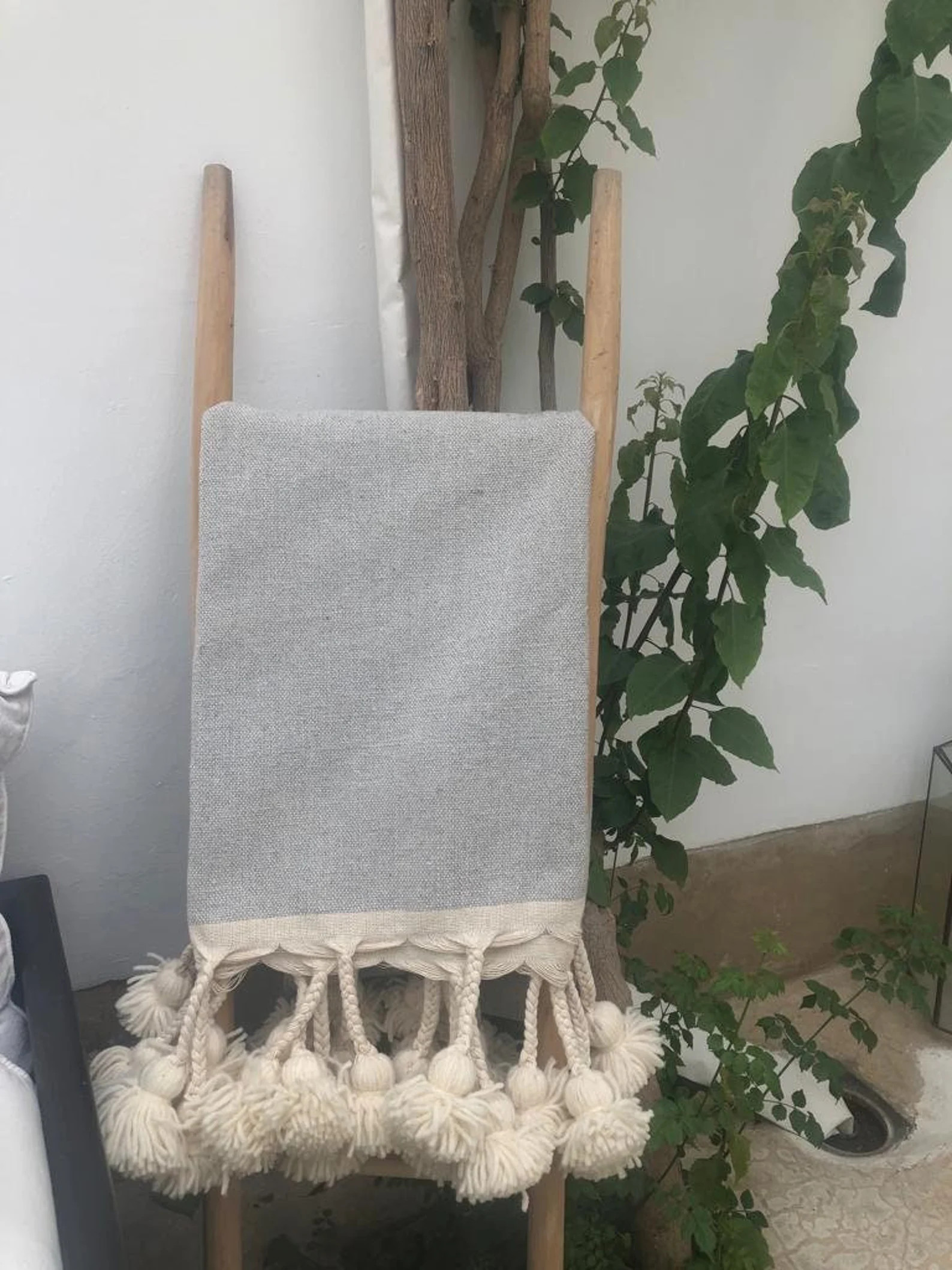 Moroccan Blanket COZY BLANKET-WOVEN Blanket,blanket Grey Cotton With Pom Pom off White Wool ,hand... | Etsy (US)