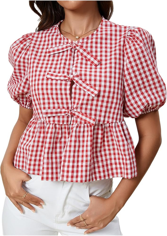 MakeMeChic Women's Gingham Bow Blouse Puff Sleeve Crew Neck Ruffle Hem Plaid Tops | Amazon (US)