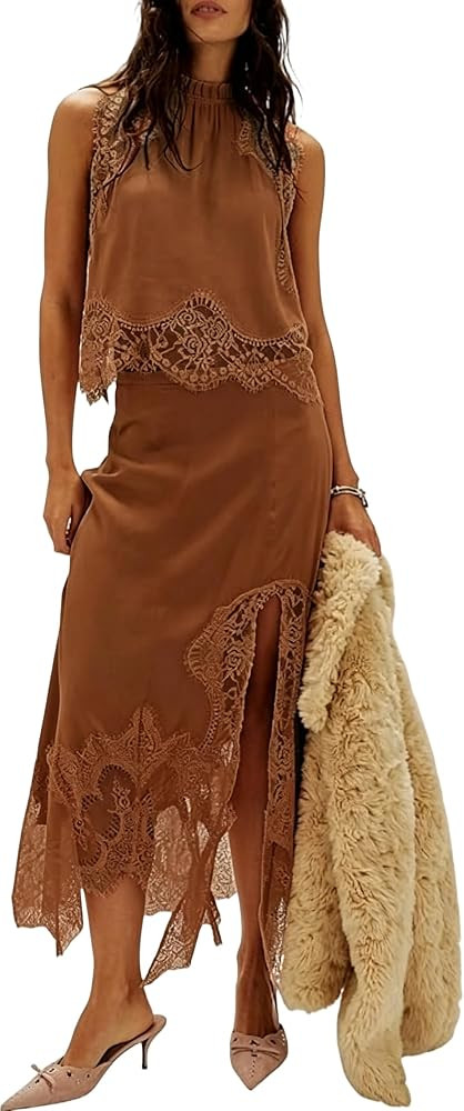 Women Satin 2 Piece Maxi Skirt Set Lace Trim Backless Tank Top Silk Slip Long Skirt Asymmetrical ... | Amazon (US)