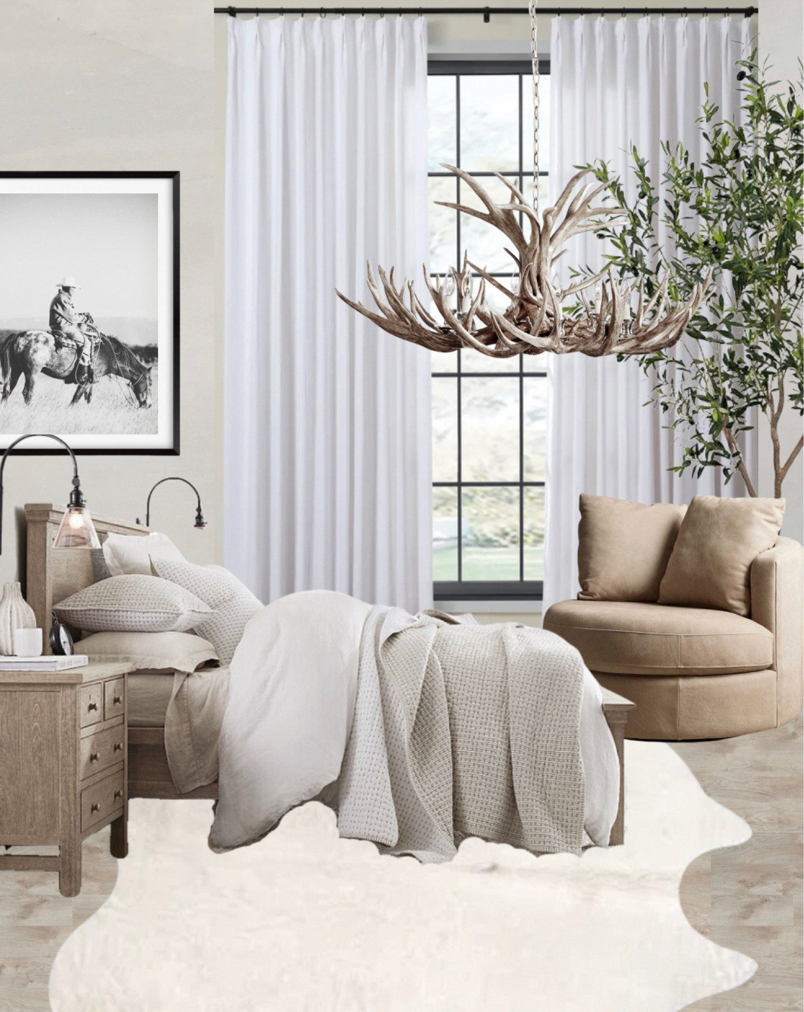 Master bedroom decor, modern rustic, modern western, neutral home, Pottery Barn, cowhide rug styling, antler decor

#LTKhome