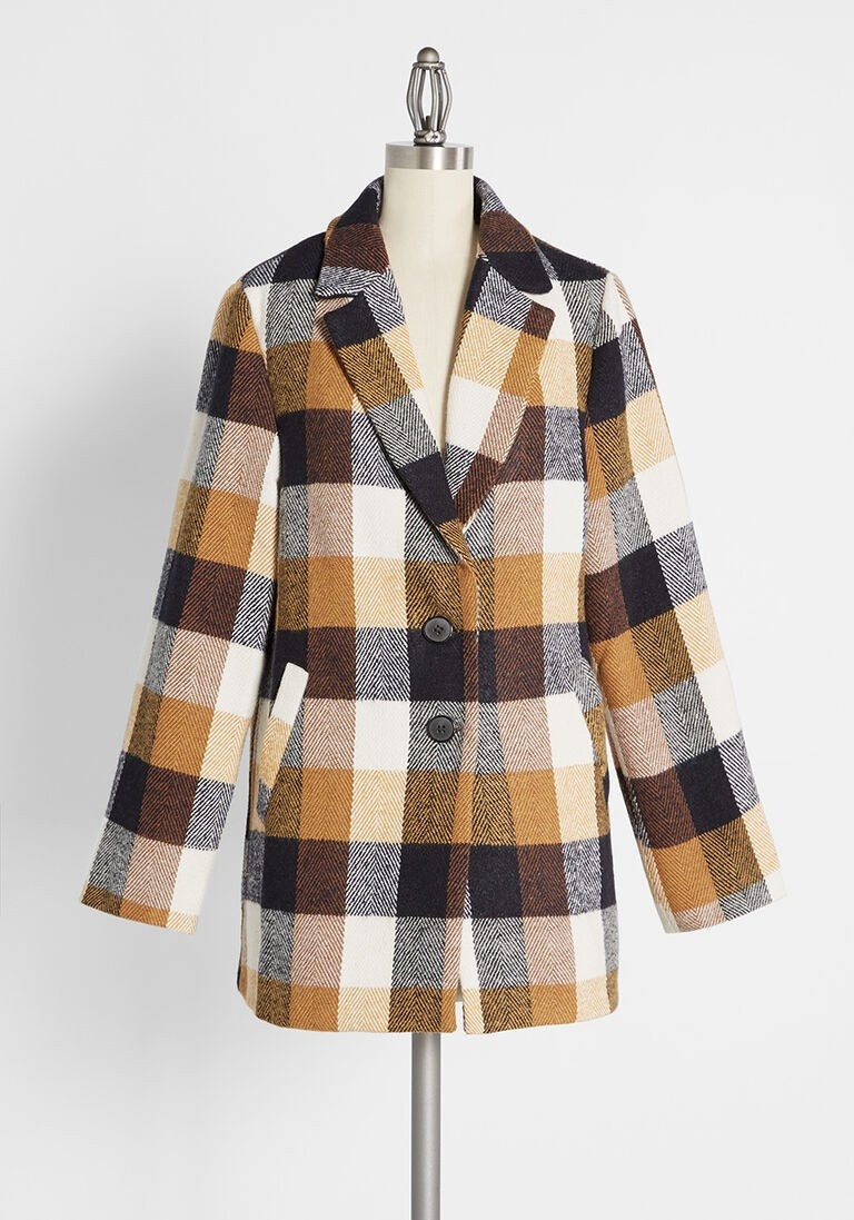 Editor In Chic Plaid Coat in S - Long Sleeve Button Down Vintage Inspired by En Saison from ModCloth | Modcloth