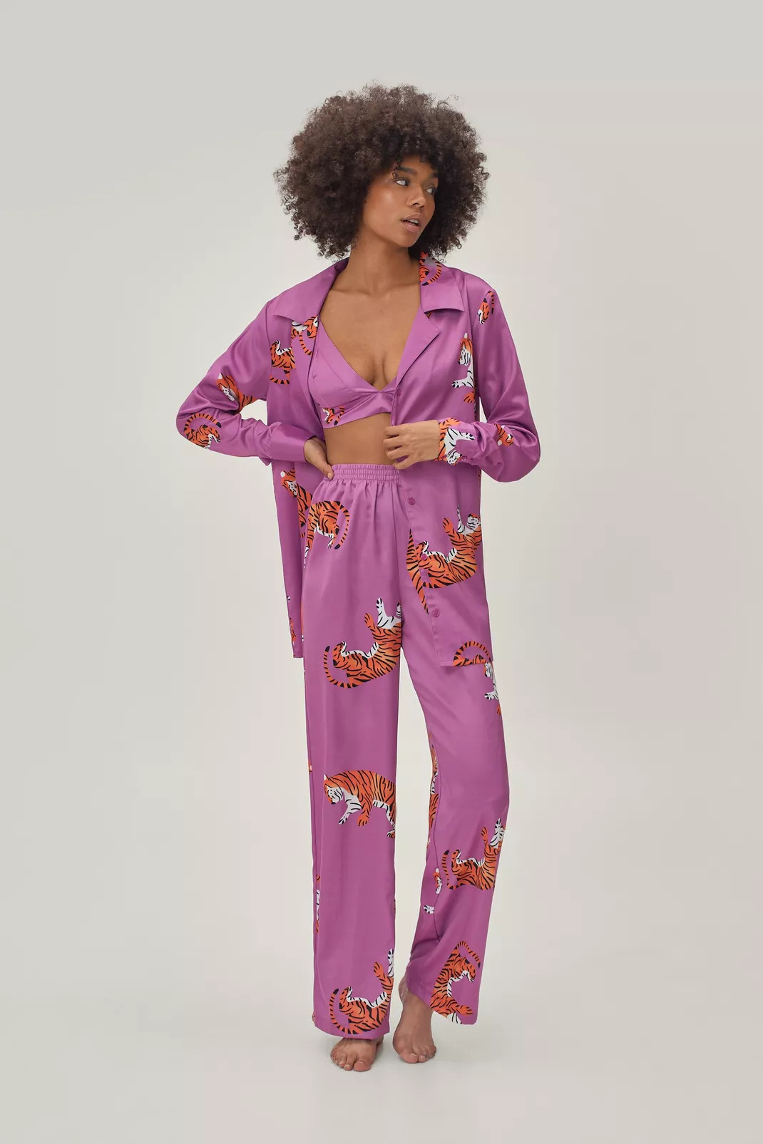Recycled Satin Tiger 3 Pc Pajama Set | Nasty Gal (US)