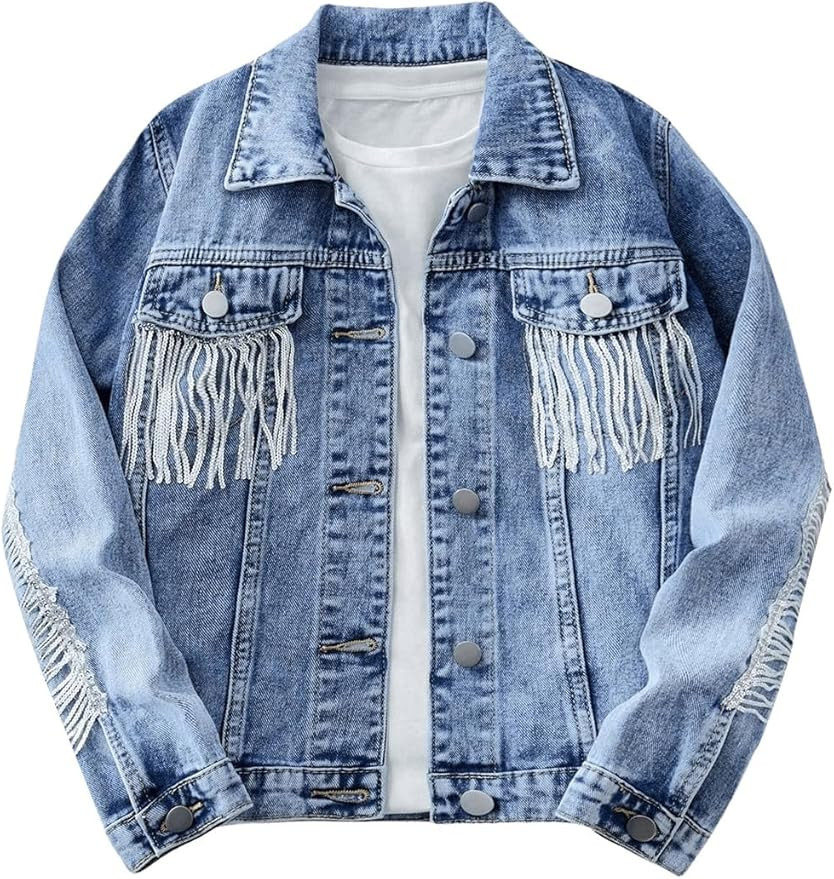MakeMeChic Girl's Denim Jacket Long Sleeve Button Down Y2K Sequin Fringe Jackets Coat | Amazon (US)