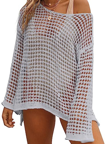 Hount Womens Swimsuit Coverups 2025 Summer Crochet Bathing Suit Bikini Cover Up Long Sleeve Beachwear Tunic Tops Light Grey S | Amazon (US)