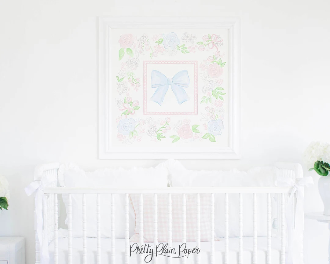 Watercolor Blue Bow & Pink Floral Print 30x30 Grandmillennial Nursery Artwork Little Baby Girl Nu... | Etsy (US)