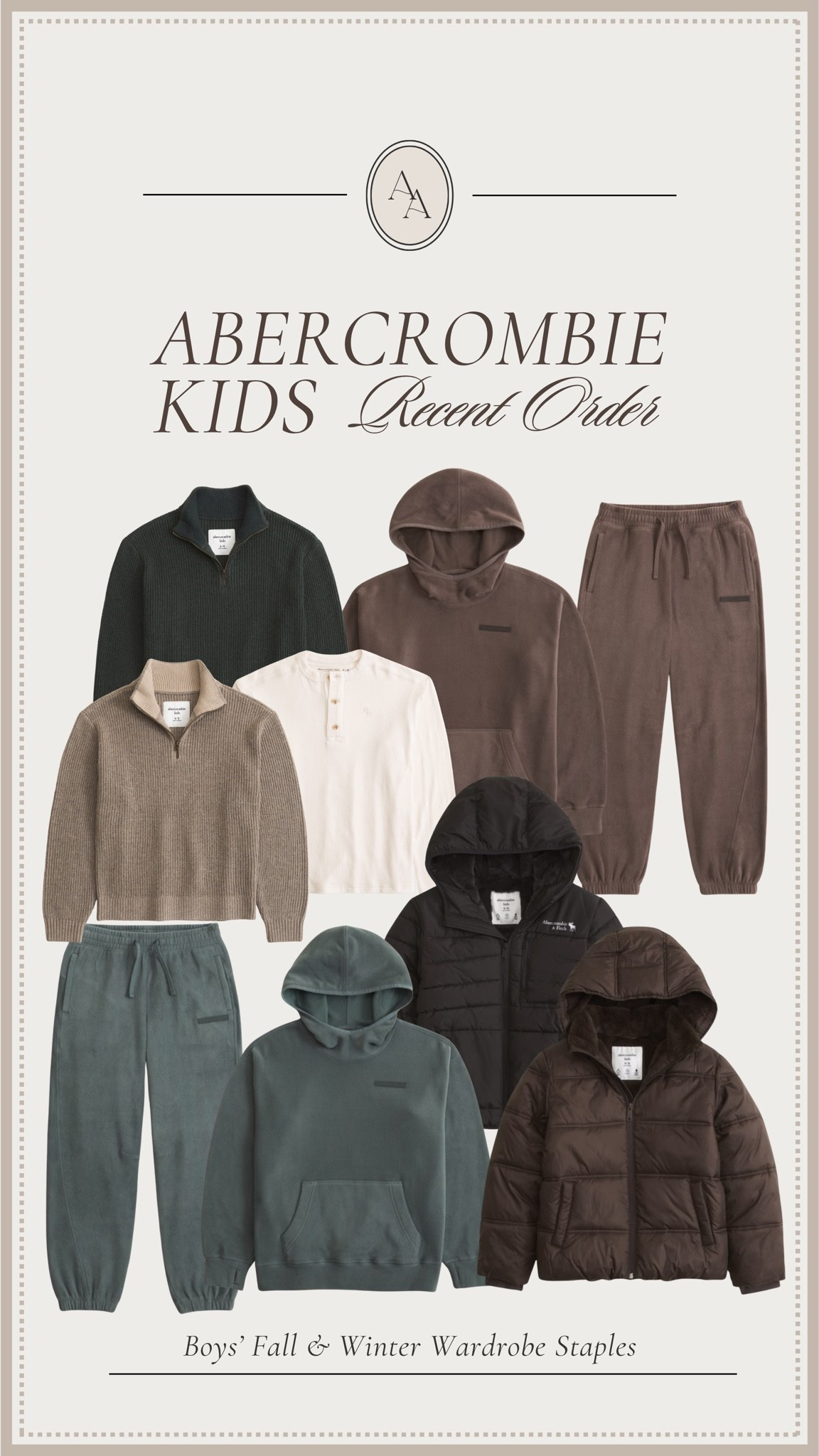 Recent order from Abercrombie Kids! Ordered some cold weather staples for the big boys this fall & winter- lots of great jackets, sets, and sweaters!