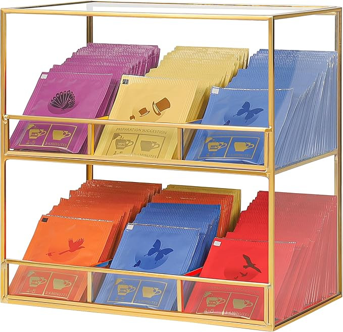 Glass Tea Bag Organizer for Counter, 2-Tier Teabag Organizer Storage Holder for Tea Bags, Glass C... | Amazon (US)