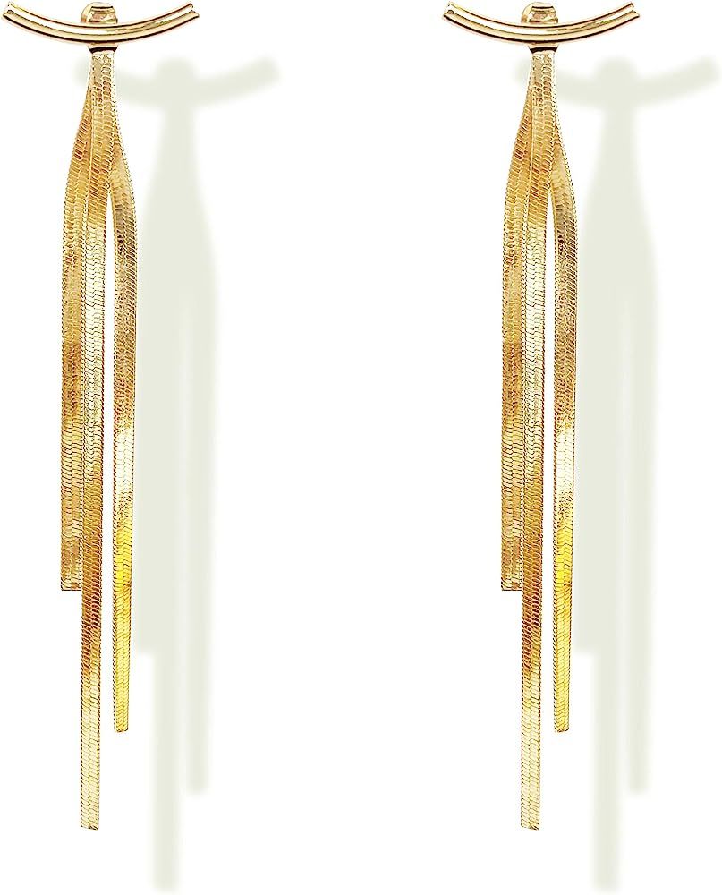 Tassel Earrings 925 Sterling Silver 14K Gold Plated Glossy Arc/Bar Long Thread Geometric Earrings... | Amazon (US)