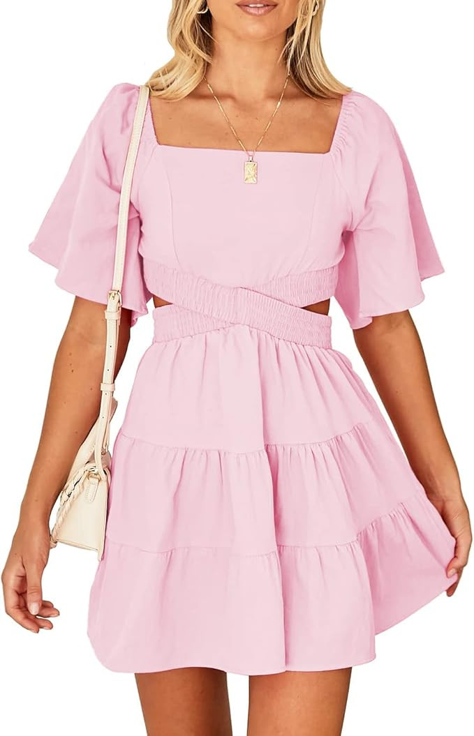 Senllen Women's 2023 Summer Dress Square Neck Short Sleeve Cutout Crossover Waist Casual Party Ti... | Amazon (US)