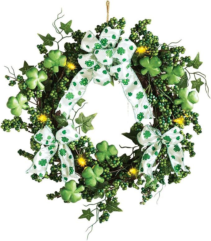 Collections Etc Lighted Shamrock Floral Wreath St. Patrick's Day Decoration Green, 15" Dia | Amazon (US)
