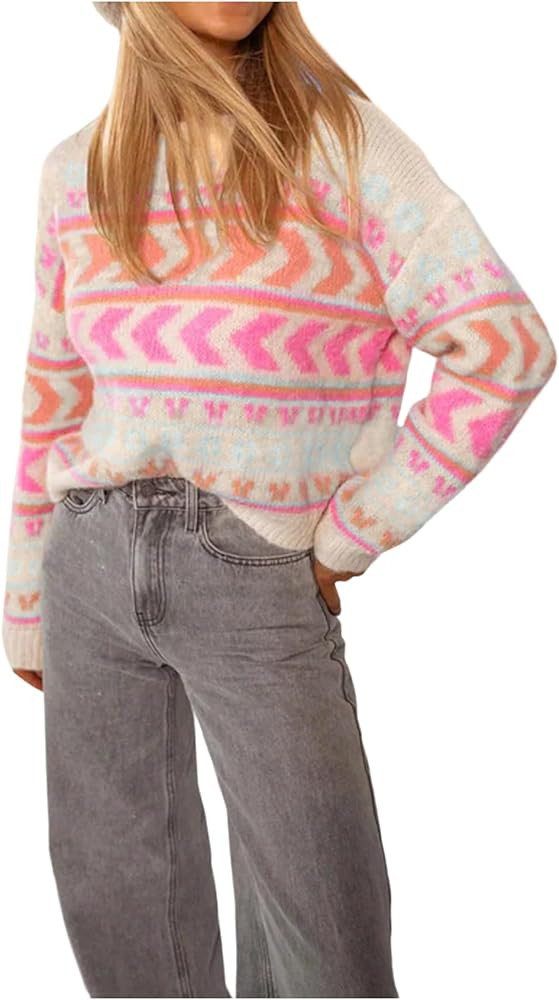 SweatyRocks Women's Casual Knitted Crew Neck Sweater Printed Long Sleeve Trendy Pullover Knitwear | Amazon (US)