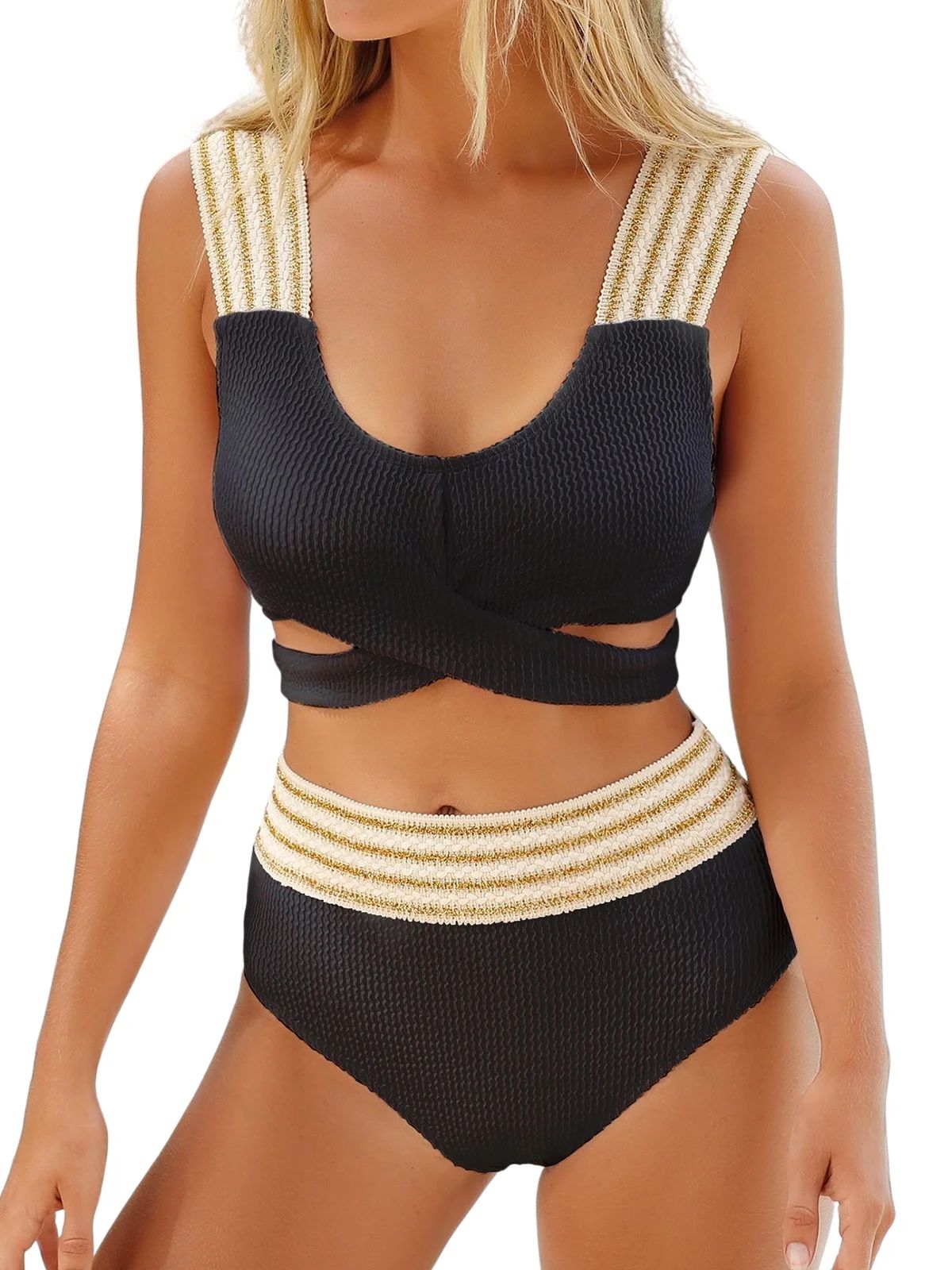 Cupshe Women's Metallic Striped Wrap Bralette & High Waist Cheeky Bikini Set | Walmart (US)