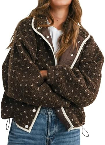 Women's Fleece Jacket Button Down Lapel Collar Sherpa Jackets Long Sleeve Contrast Quilted Outerw... | Amazon (US)