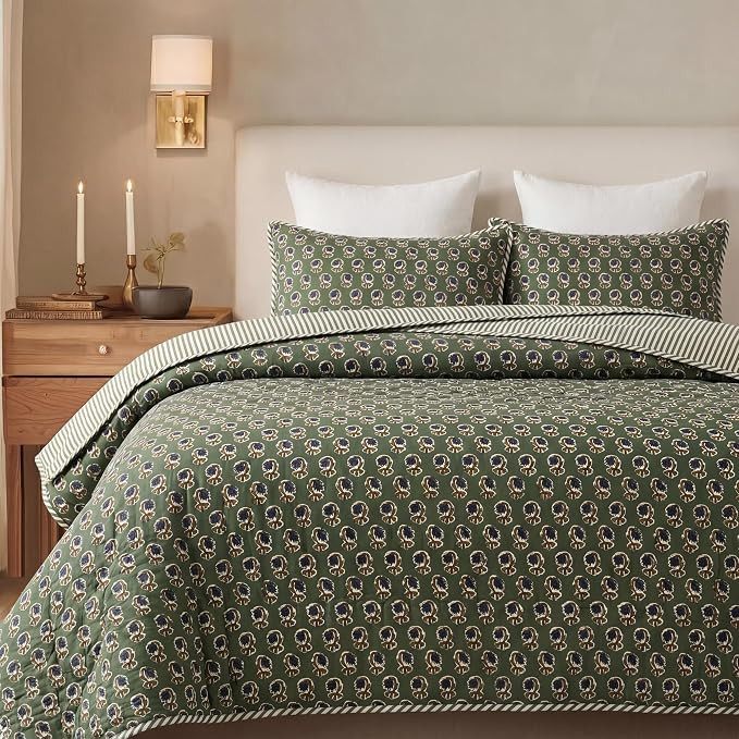 Handmade Block Print 100% Cotton Quilt, Basil Green Twin 60"x90" | Amazon (US)