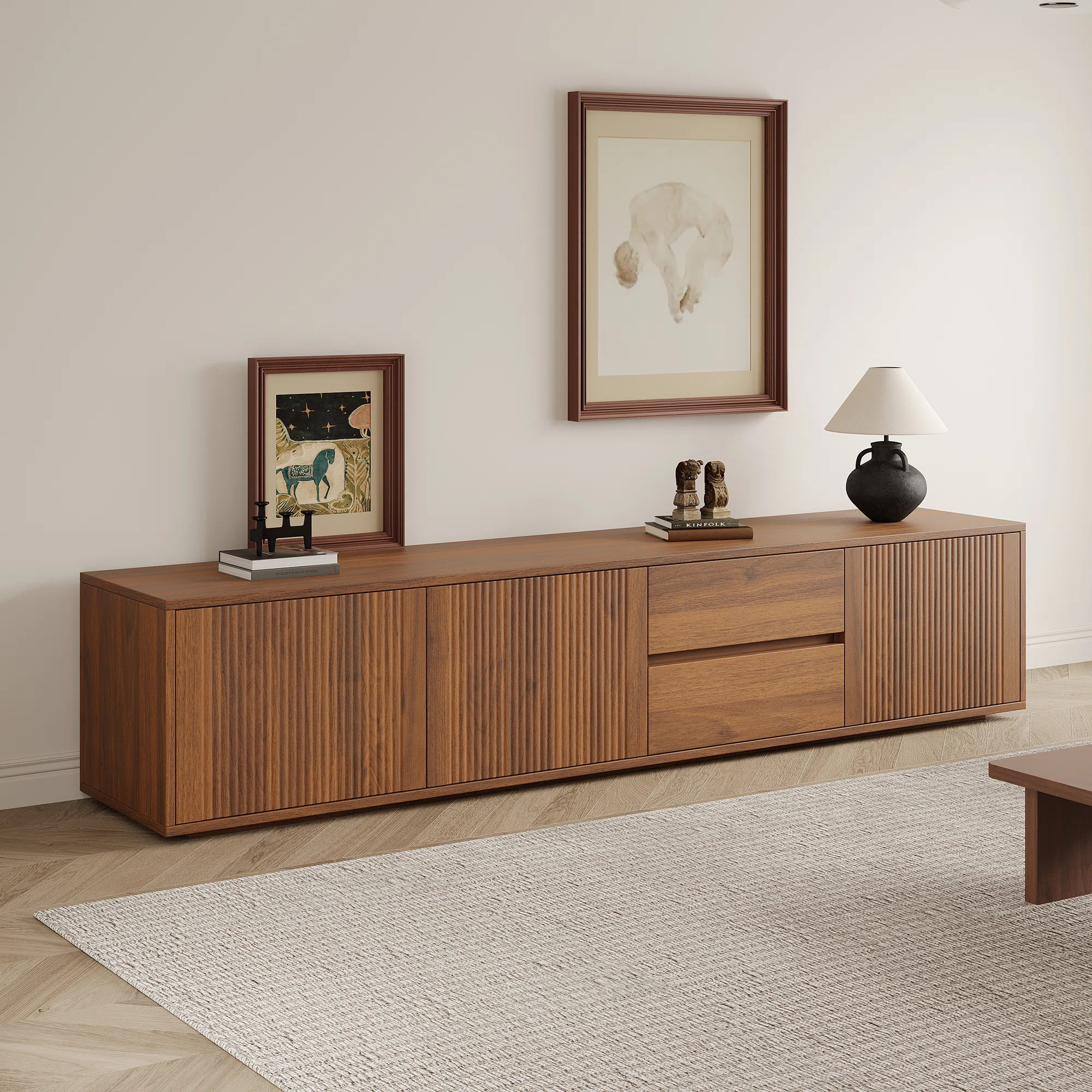 Walnut Brown Mid-Century 79" TV Stand with Storage, Retro Media Console for Living Room | Wayfair North America