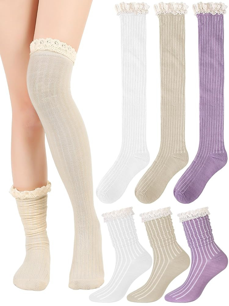 3 Pairs Women Cotton Knit Boot Socks Knee High Stockings with Lace Trim Slouch Stacked Scrunch So... | Amazon (US)