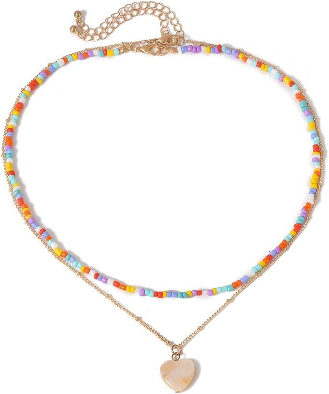 CLASSYZINT Beaded Necklace for Women Layered Pearl Choker Necklace Colorful Beaded Necklace Boho ... | Amazon (US)