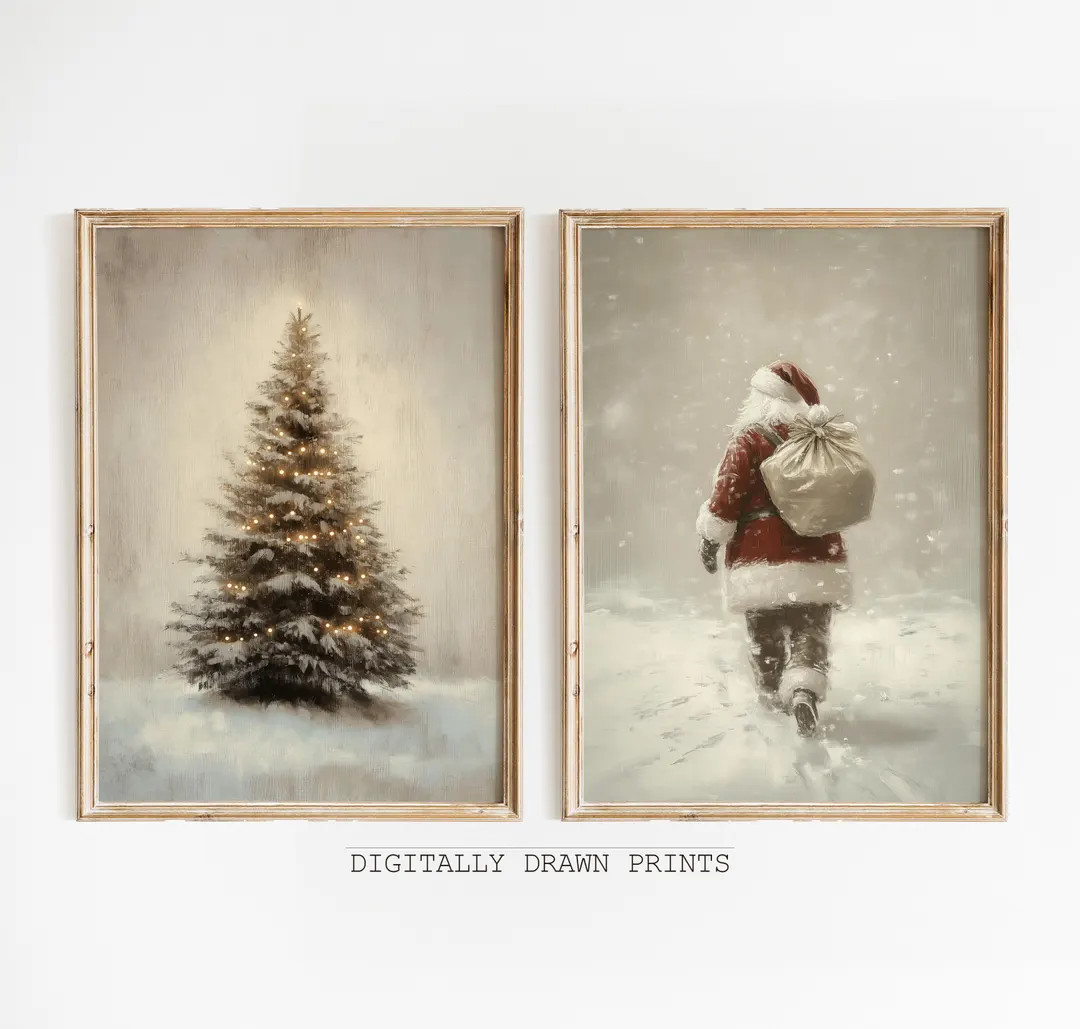 Printable Vintage Christmas Wall Art, Neutral Set of 2 Farmhouse Christmas Decor Wall Art, Winter... | Etsy (US)
