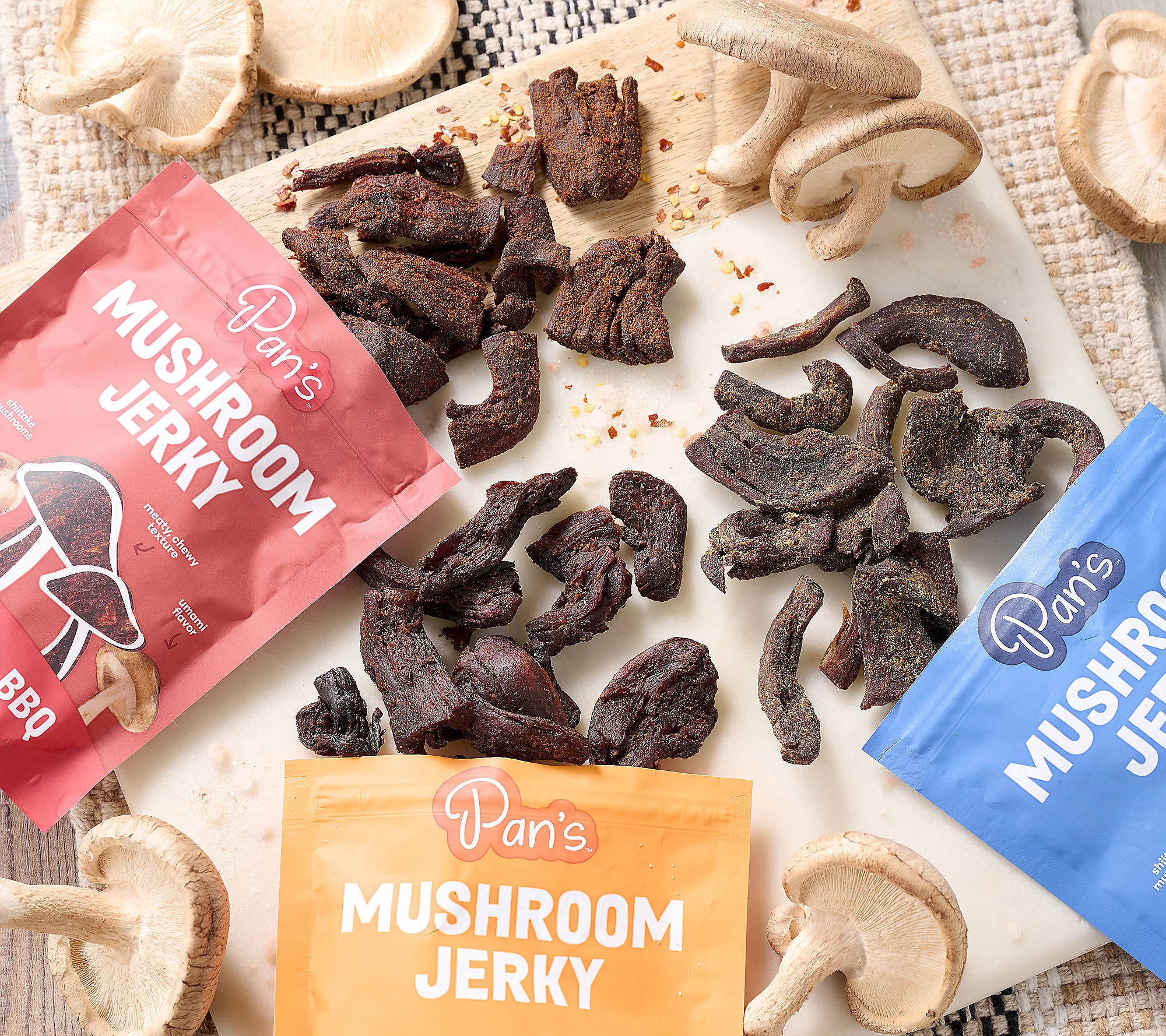 Pan's (3) 2.2oz Mushroom Jerky in Teriyaki, Original or BBQ | QVC
