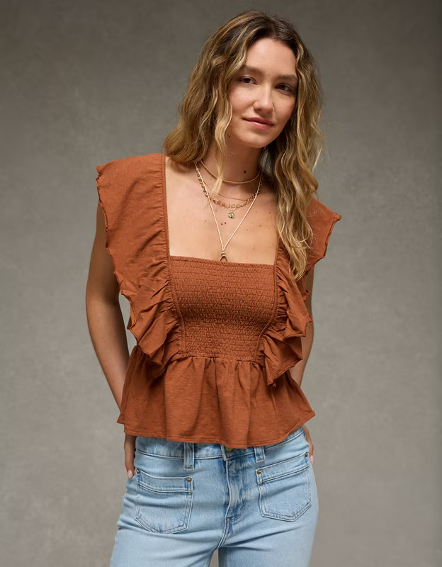 AE Sunchaser Knit Flutter Sleeve Babydoll Shirt | American Eagle Outfitters (US & CA)