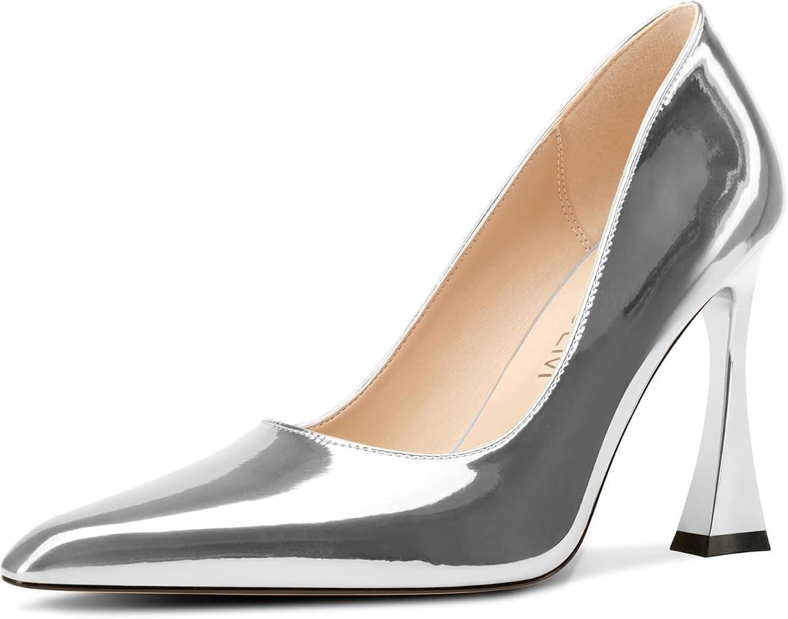 HDEUOLM Womens Stiletto High Heel Square Toe Pumps Slip-on Office Dress Patent Leather 3.9 Inches... | Amazon (US)