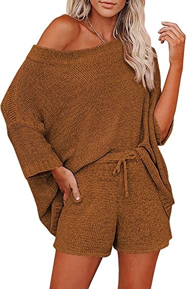 Ekouaer Women 2 Piece Outfits Sweater Sets Off Shoulder Knit Pajama Set 3/4 Sleeve Tops Drawstring W | Amazon (US)
