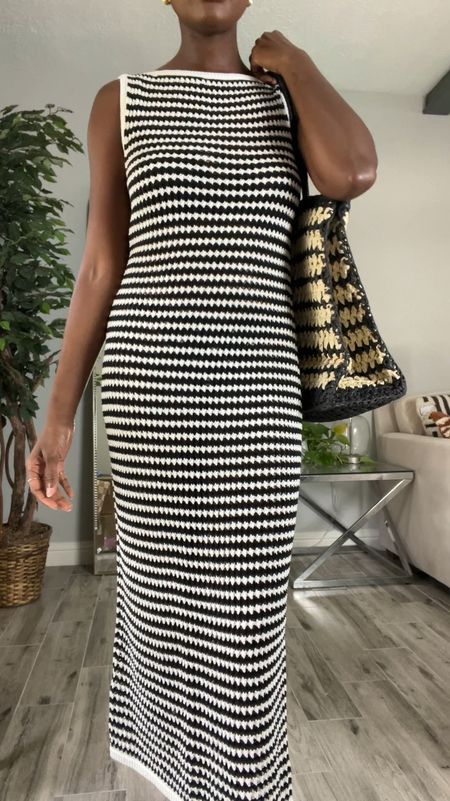Swimsuit cover up that I’ll be wearing as a dress! Black and white knit boat neck dress & packable straw tote , strappy cream sandals  

#LTKSwim #LTKVideo #LTKFindsUnder100