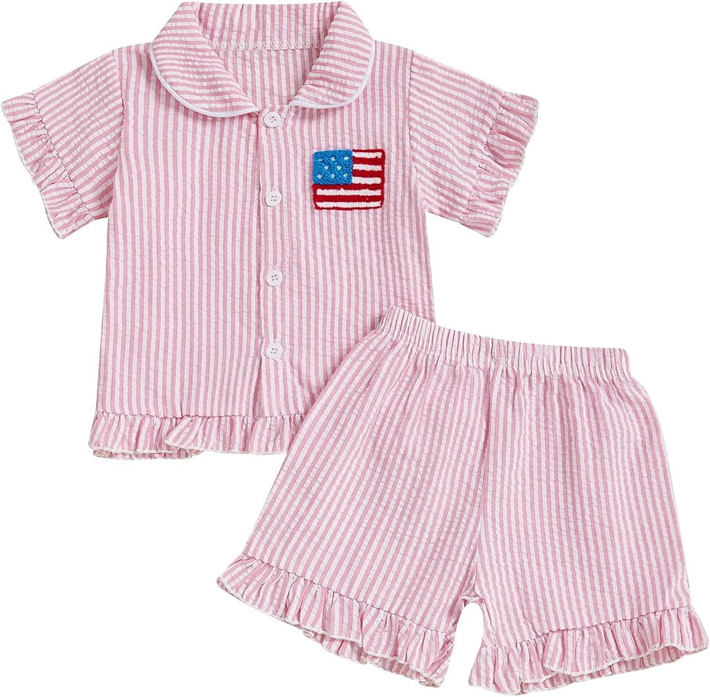 Kavousa Toddler Baby Boy 4th of July Pajamas Usa/Flag/Eagle Embroidery Stripe T-Shirt Shorts Litt... | Amazon (US)
