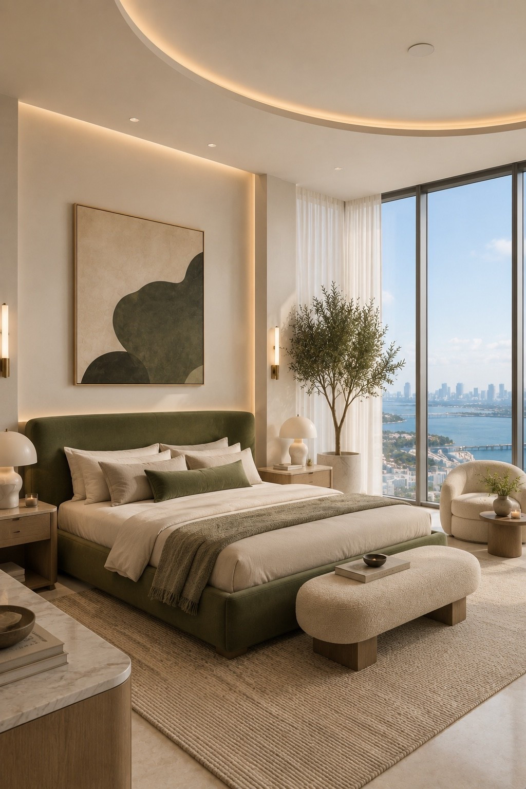 A calming luxury bedroom featuring an elegant olive green upholstered bed, warm neutral textures, soft ambient lighting, and floor-to-ceiling windows with breathtaking coastal views. This organic modern retreat blends earthy tones, timeless design, and boutique hotel elegance to create a cozy yet sophisticated sanctuary.

#bedroomdesign #organicmodern #luxurybedroom #greenbedroom #modernbedroom #neutralbedroom #luxuryinteriors #bedroomdecor #homedecor #interiordesign #designerhome #coastalhome #modernluxury #bedroominspo #homeinspiration #interiorinspiration #ltkhome #amazonhome #warmminimalism #luxuryhome