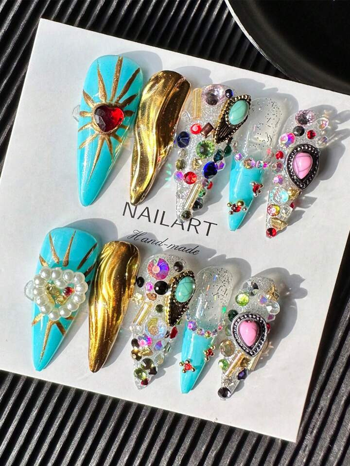 10pcs/Bag French Pointy Handmade False Nails, Multi-Color Nail Strips With Mirror Powder, Pearl &... | SHEIN