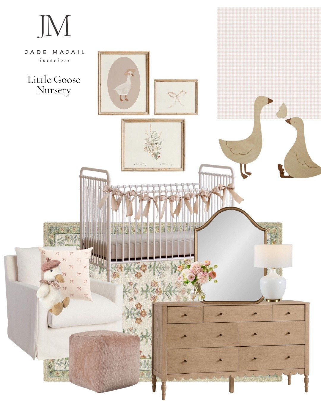 "Silly Little Goose" inspired baby girl nursery 💕🪿

Oak dresser, brass mirror, white table, lamp, blush, ottoman, nursery, chair, pink, throw pillow, white vintage crib, Bows, printable wall art, wallpaper 