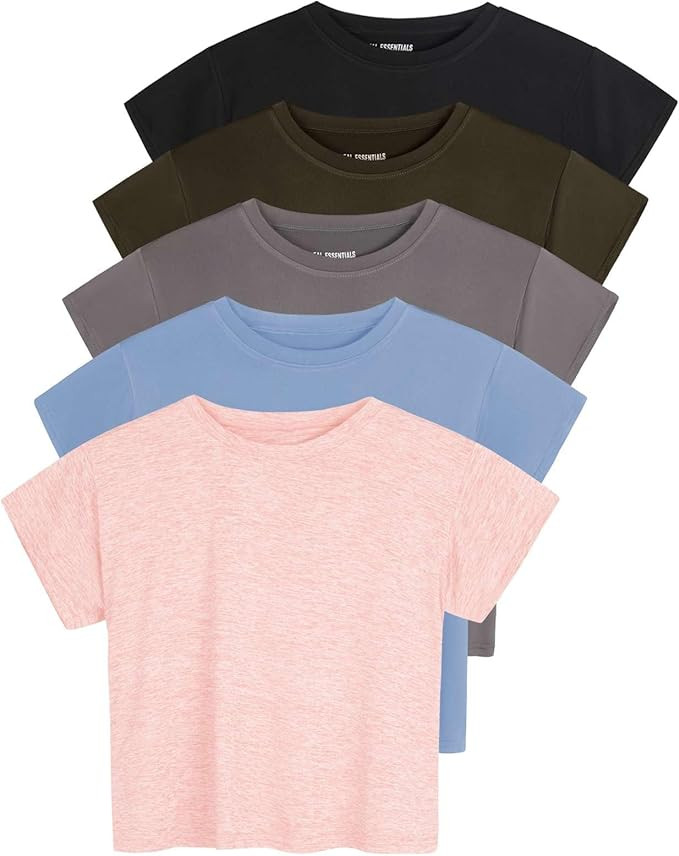 Real Essentials 5 Pack: Women's Dry Fit Crop Top - Short Sleeve Crew Neck Stretch Athletic Tee (A... | Amazon (US)