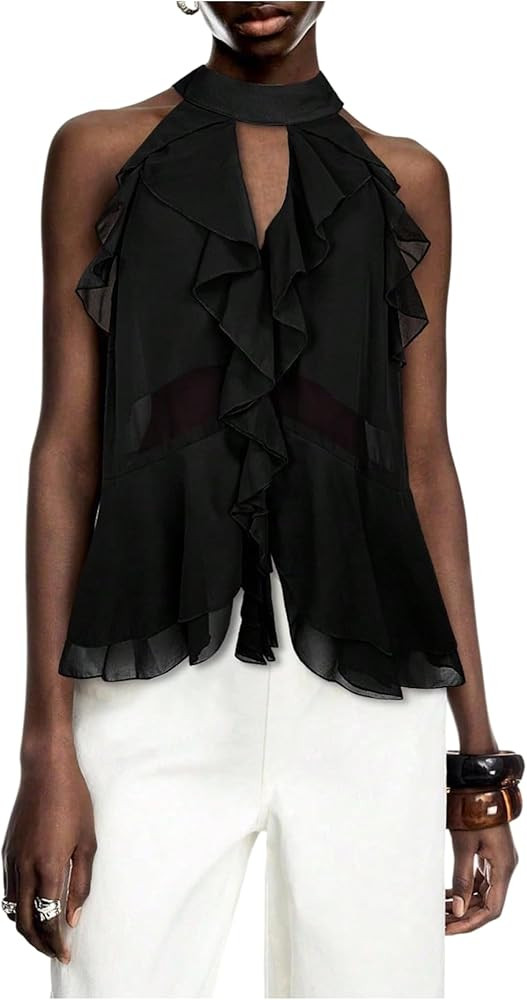 MakeMeChic Women's Going Out Mesh Ruffle Halter Tops Tie Back Cut Out Sleeveless Top | Amazon (US)