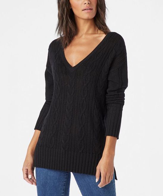 JustFab Women's Pullover Sweaters BLACK - Black Cable Knit V-Neck Sweater - Women | Zulily