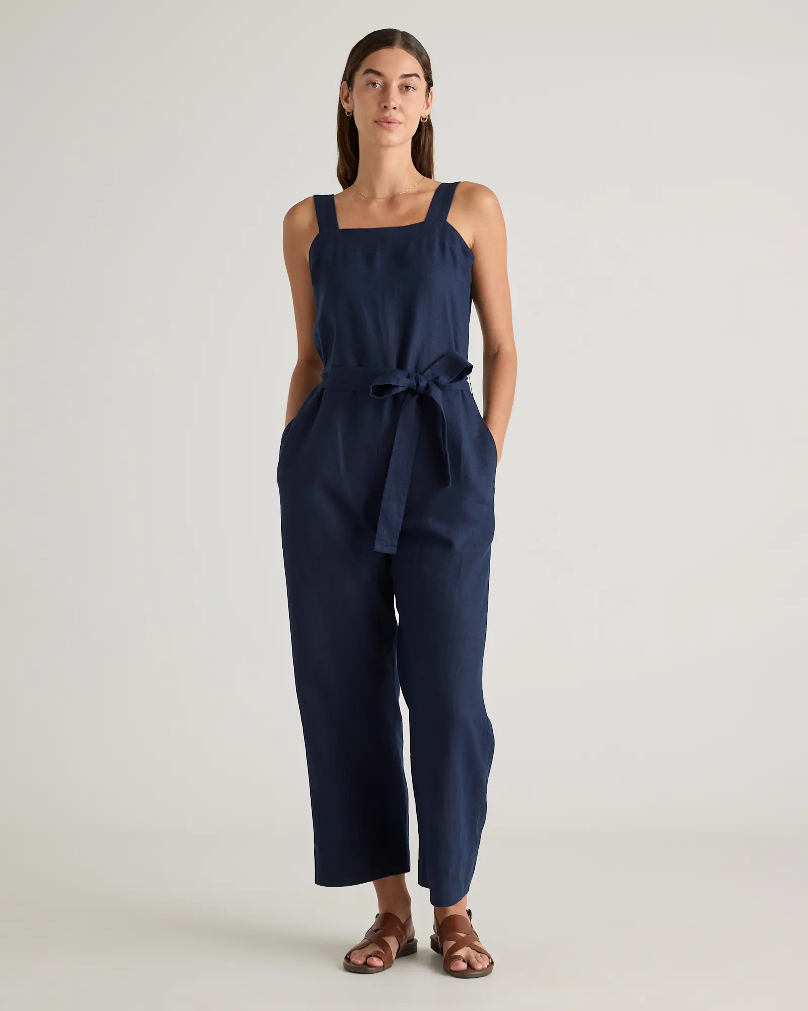 100% European Linen Square Neck Jumpsuit in Deep Navy | Quince