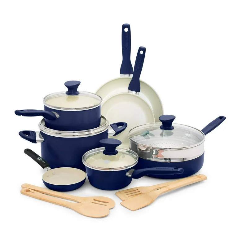 GreenPan Rio Ceramic Nonstick 16-Piece Cookware Set - Navy | Walmart (US)