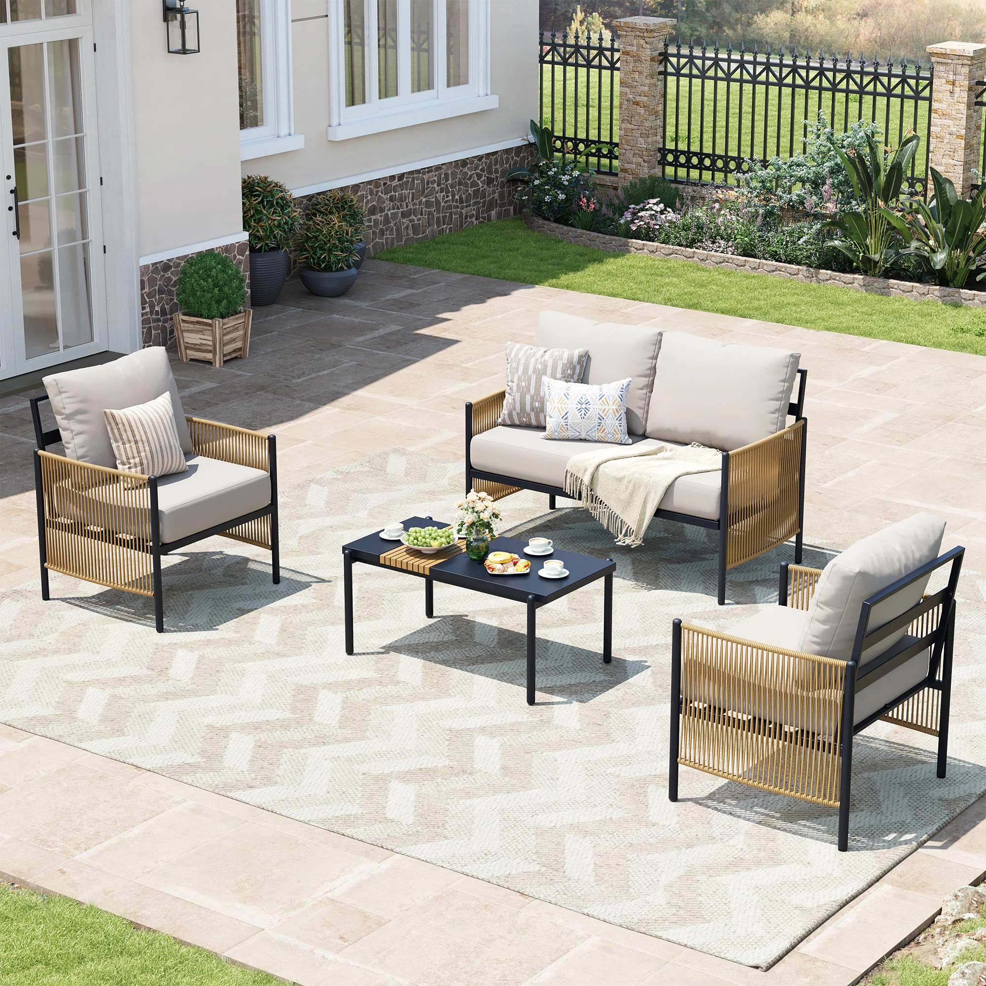 Outdoor Patio Furniture Set, 4 Piece Patio Conversation Sets with Coffee Table, HDPE Rope & Alumi... | Wayfair North America