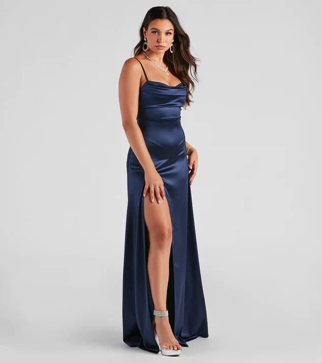 Marissa Formal Satin Cowl Neck Dress | Windsor Stores
