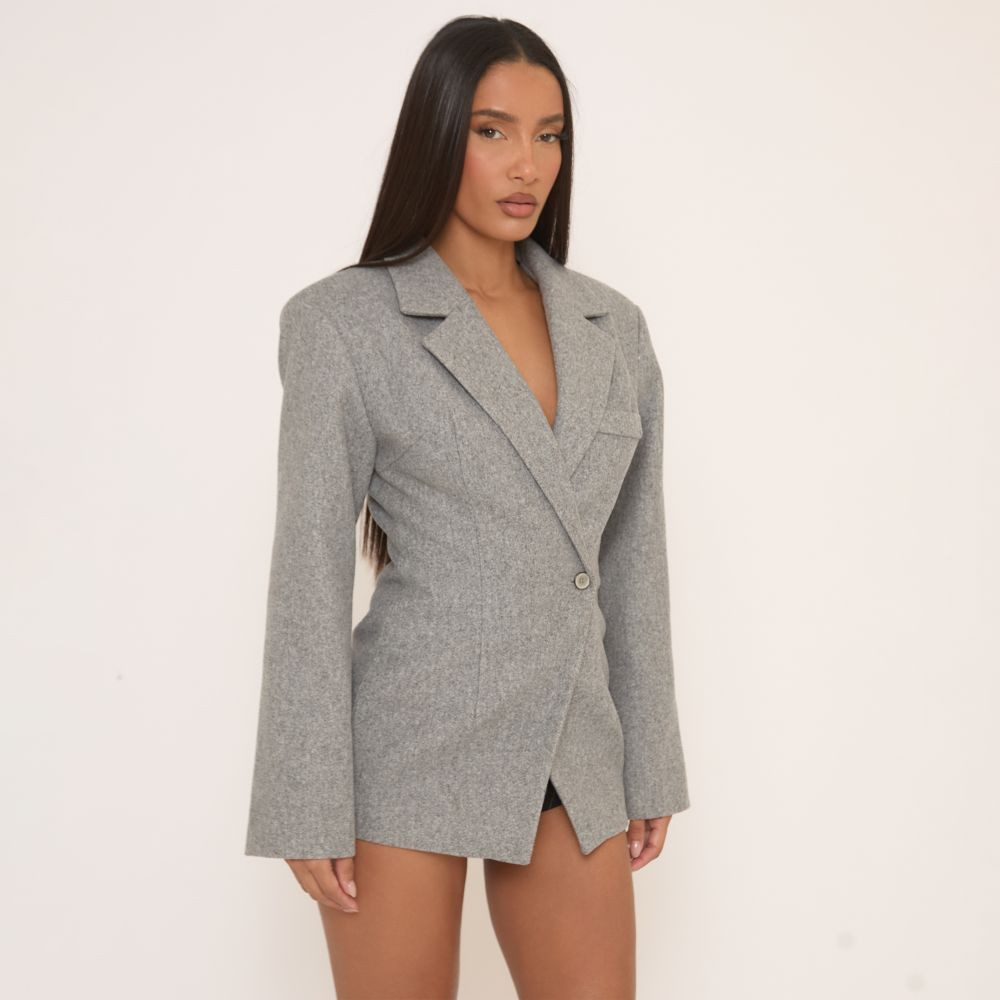 Long Sleeve Cinched Waist Wool Look Blazer In Grey | EGO (UK)