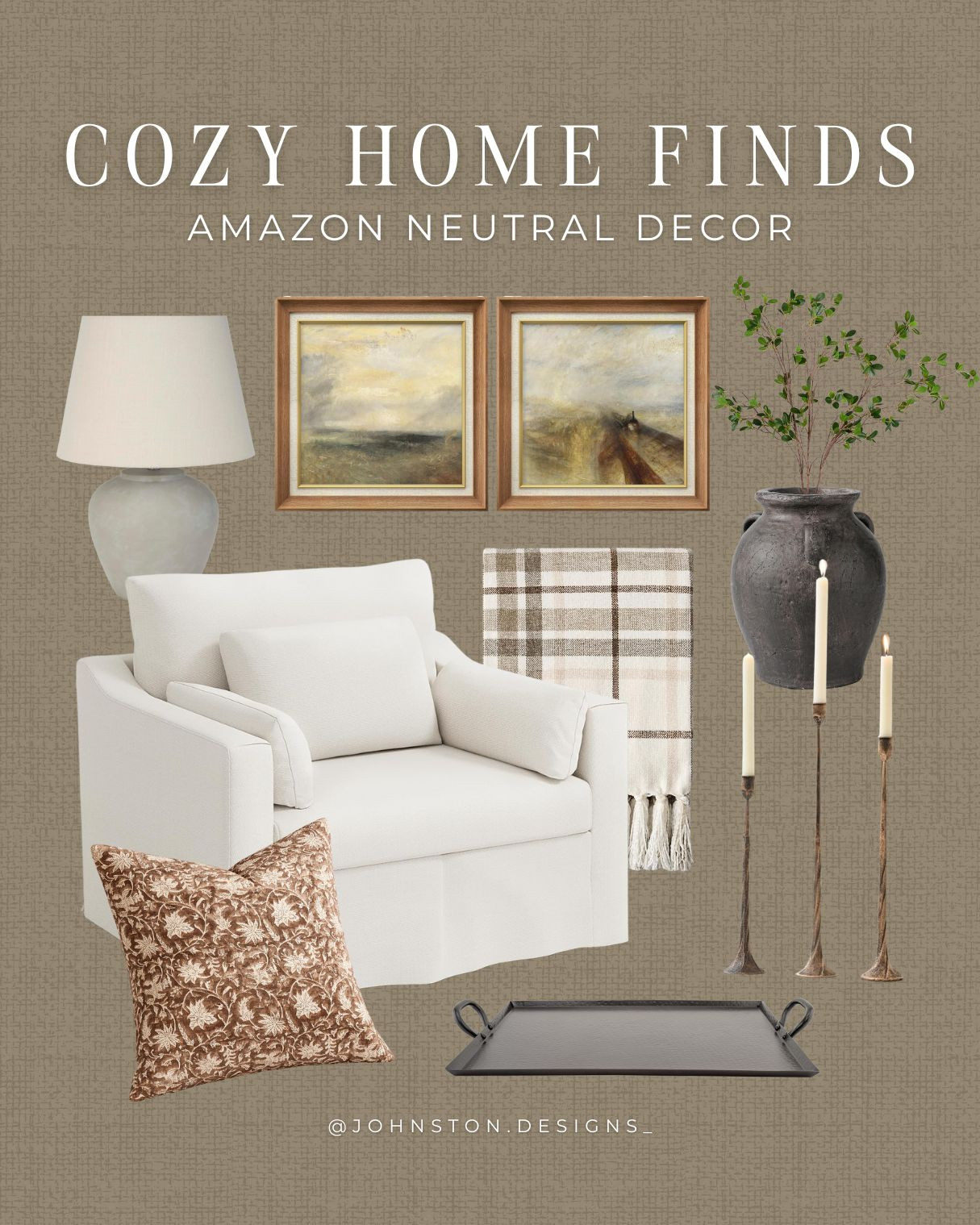 Cozy Amazon home decor finds from Amazon! Perfect for adding some warmth to your space. 

Amazon home, accent chair, lamp, winter to spring, vase, florals, pillow cover, candle holder, iron tray, modern organic, styled space, nature wall art.
 

 #LTKHome
