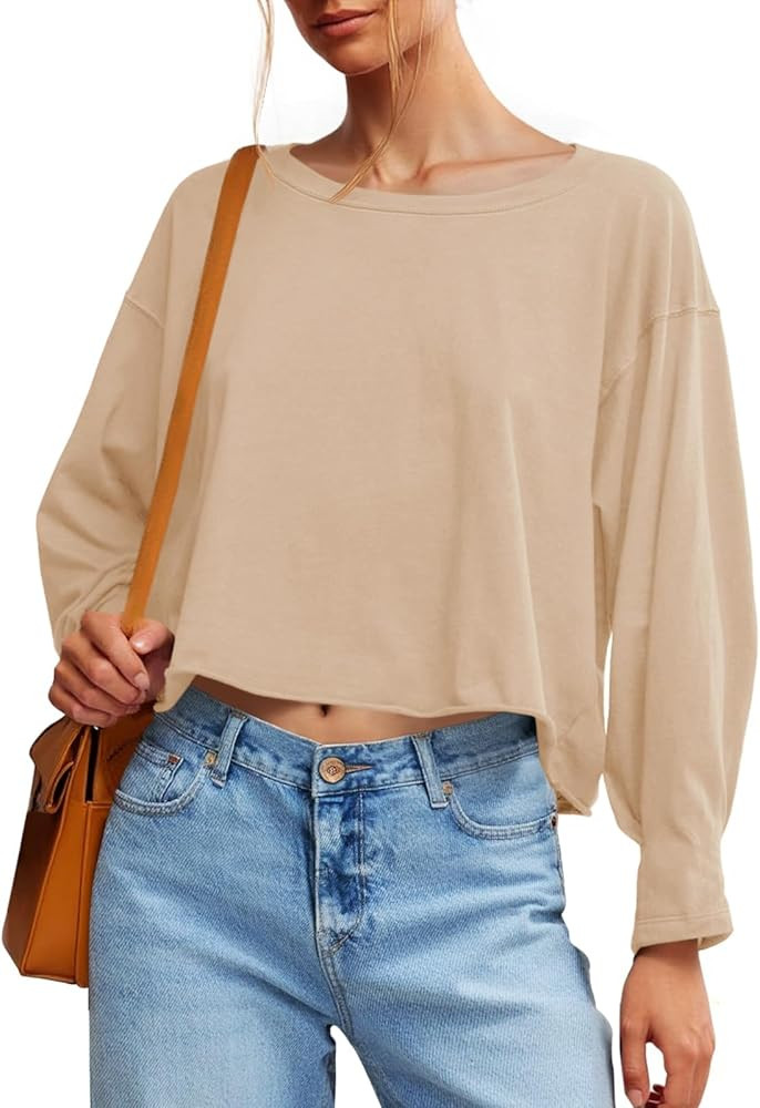 Fisoew Womens Long Sleeve Crop Tops Loose Fit Crew Neck Oversized Cropped Tshirts 2025 Casual Wor... | Amazon (US)