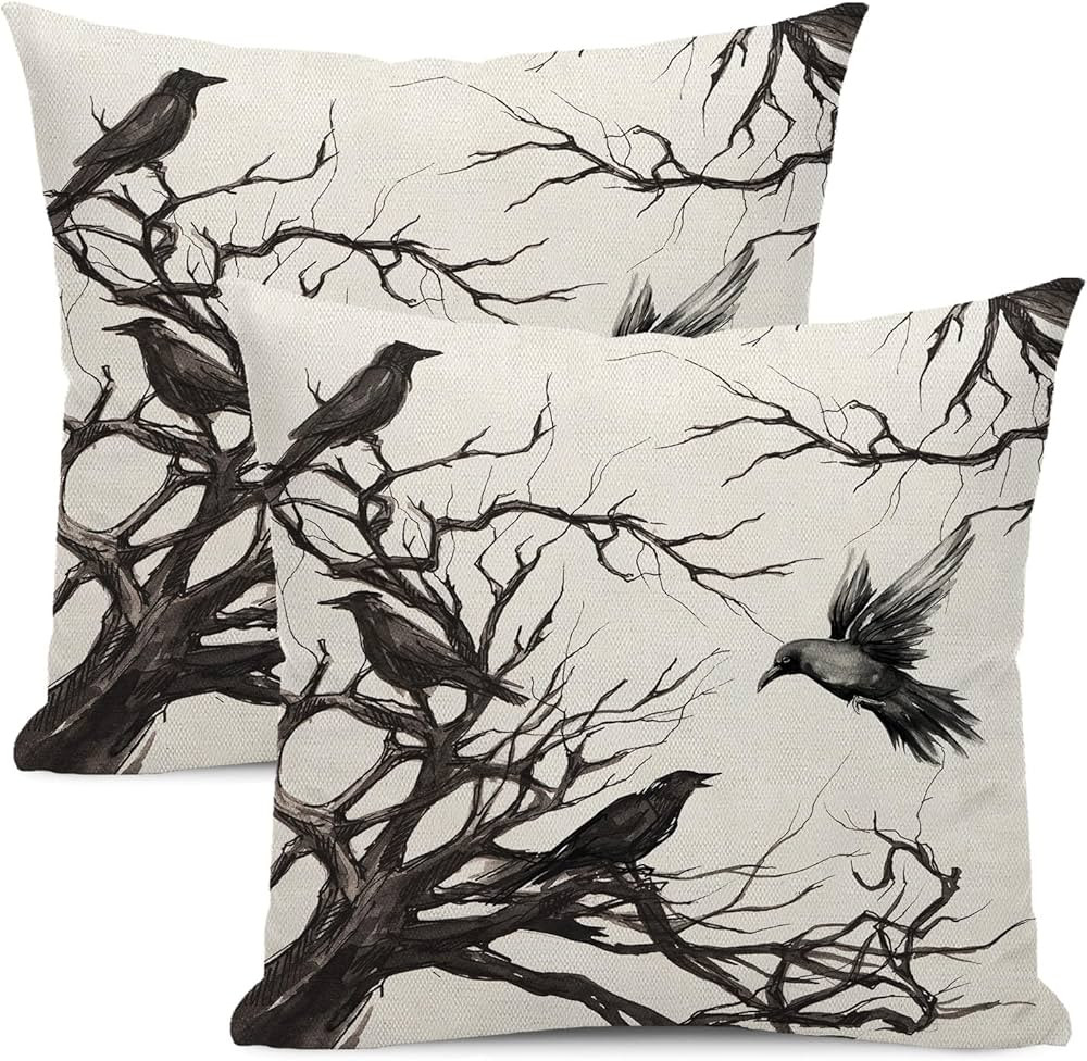 Yxuiyal Halloween Pillow Covers 18x18 inch Set of 2 Black Crows Branch Decorative Farmhouse Throw... | Amazon (US)