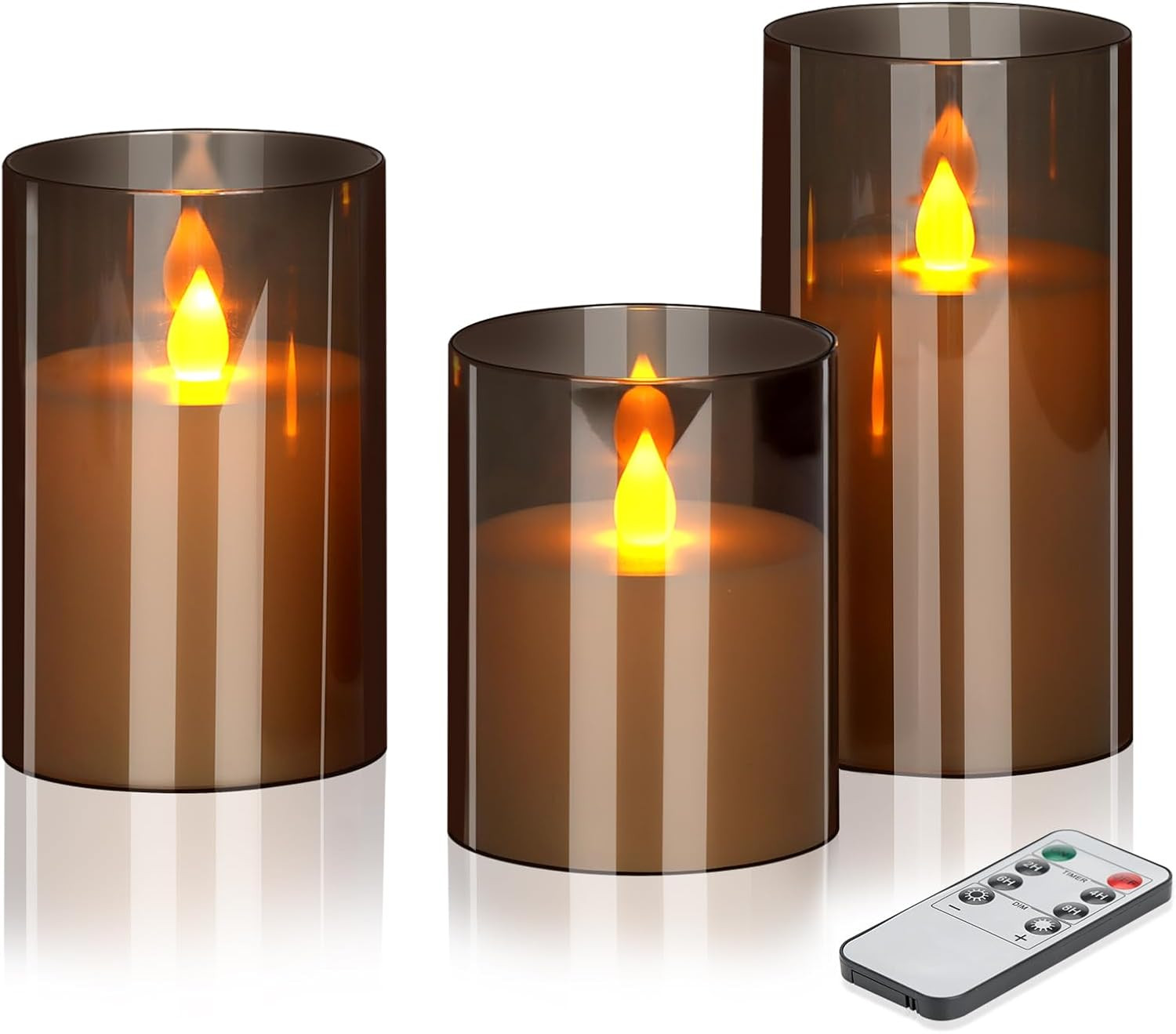 wemarry Flameless Candles 4" 5" 6" Set of 3 Acrylic Glass Pillars 3" Diameter Battery Operated Flickering Candles Include 8-Key Remote with Timer Function 400+ Hours (Gray, 3 Pack) | Amazon (US)