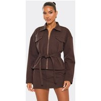 Tie Cinched Waist Zip Down Jacket In Chocolate Brown Denim, Women's Size UK 10 | EGO (UK)