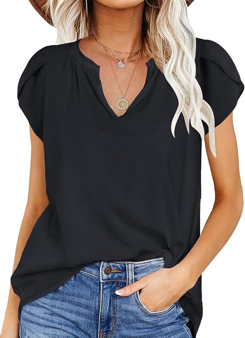 Kikula Womens Summer Tops 2023 Trendy Ruffle Sleeve T Shirts V Neck Sleeveless Cute Cap Sleeve Ta... | Amazon (US)